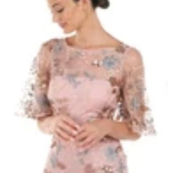 JS Collections Daphne Flutter Sleeve Column Sheath Blush Multi Color Gown Discou - Picture 1 of 14